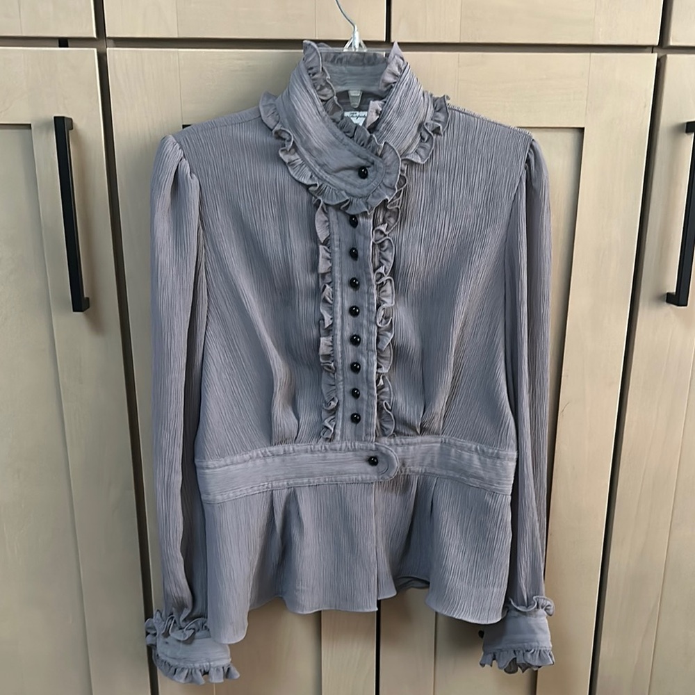 ALICE by Temperley Blue Gray Ruffled Blouse with Mandarin Collar